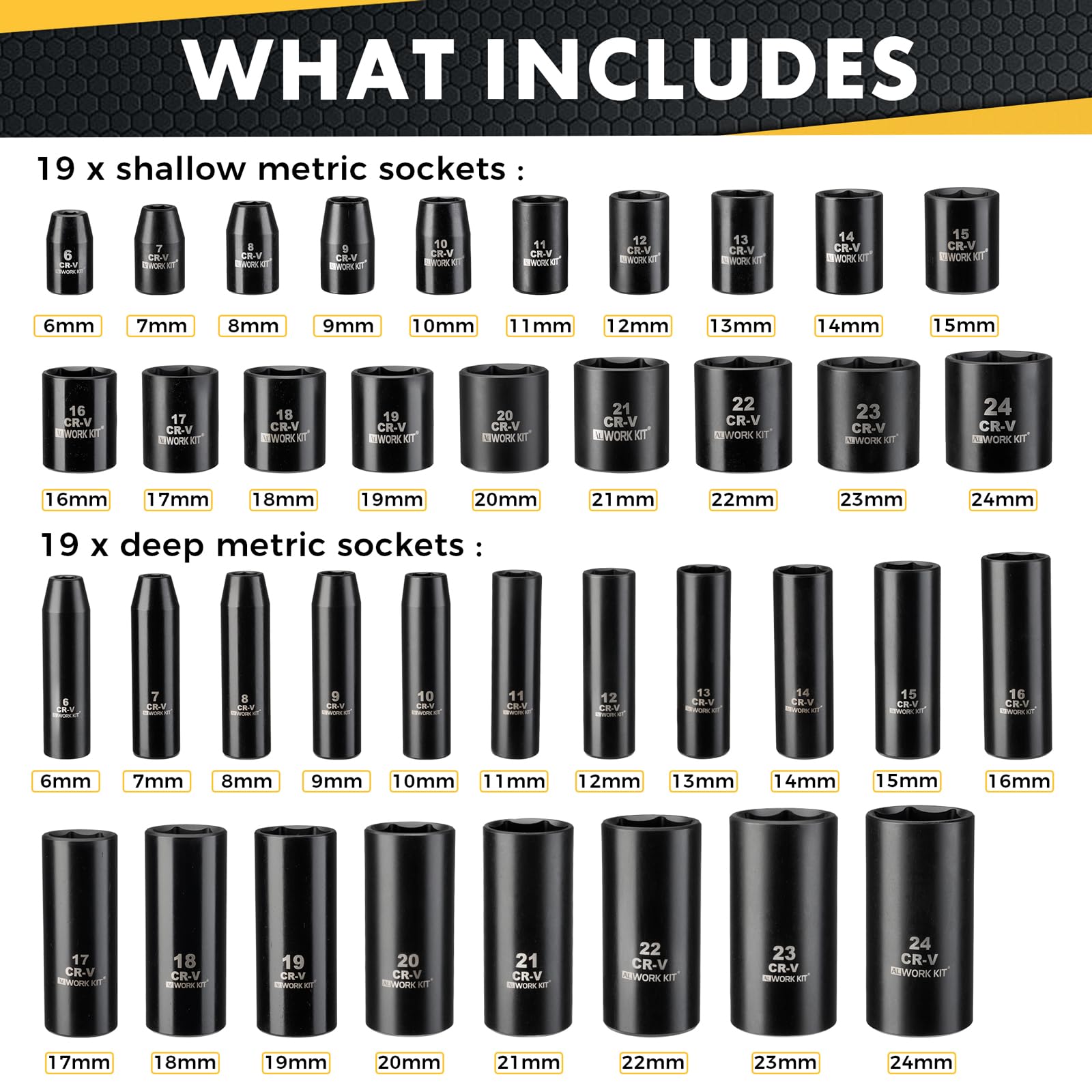 ALWORKKIT deep metric sockets 8-22mm for high-torque tasks