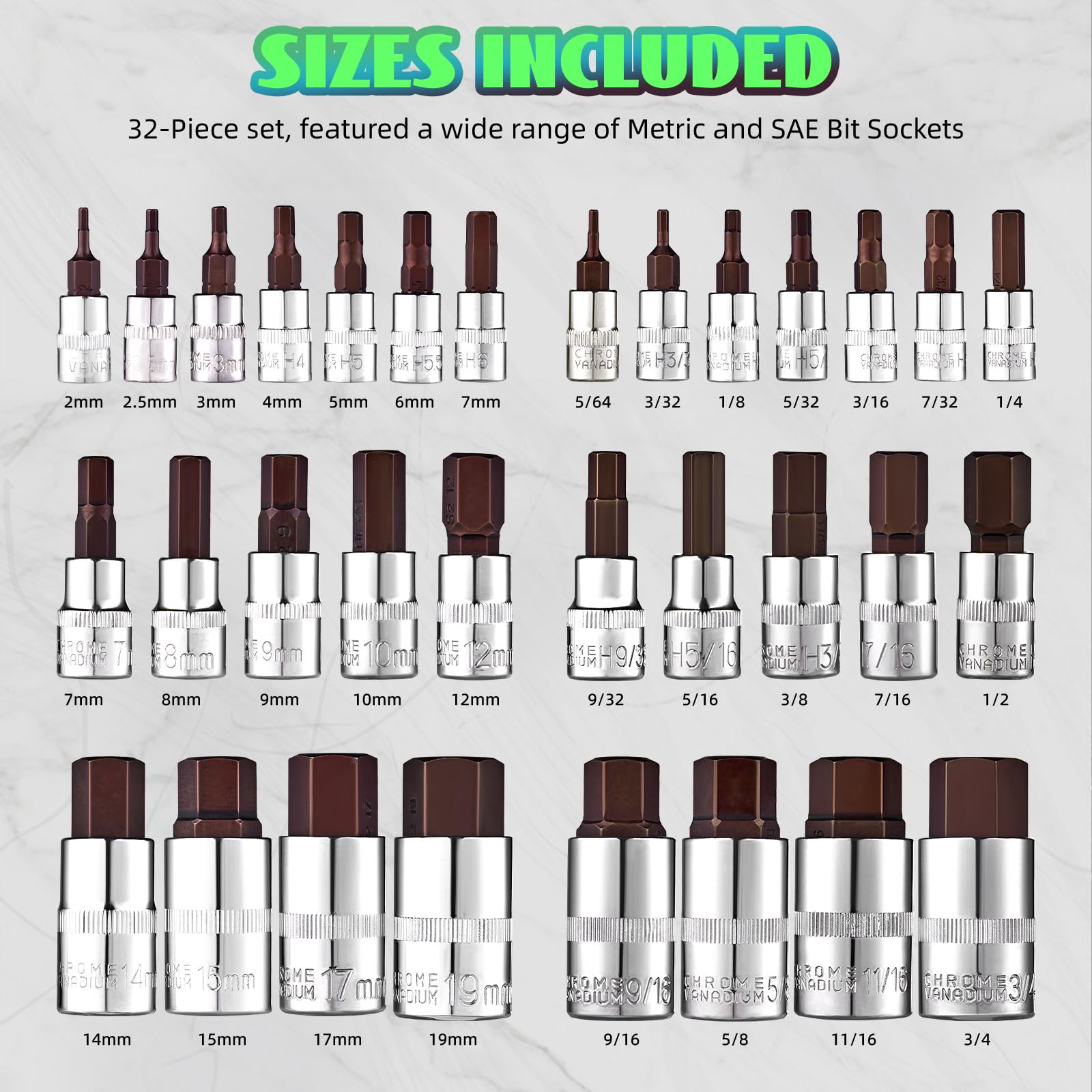 ALWORKKIT Masater hex bit socket set metric sizes with laser markings for quick identification.