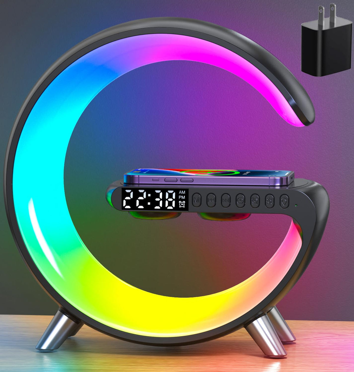 ALYNIC Smart Table Lamp front view with integrated wireless charger for convenient bedside charging.