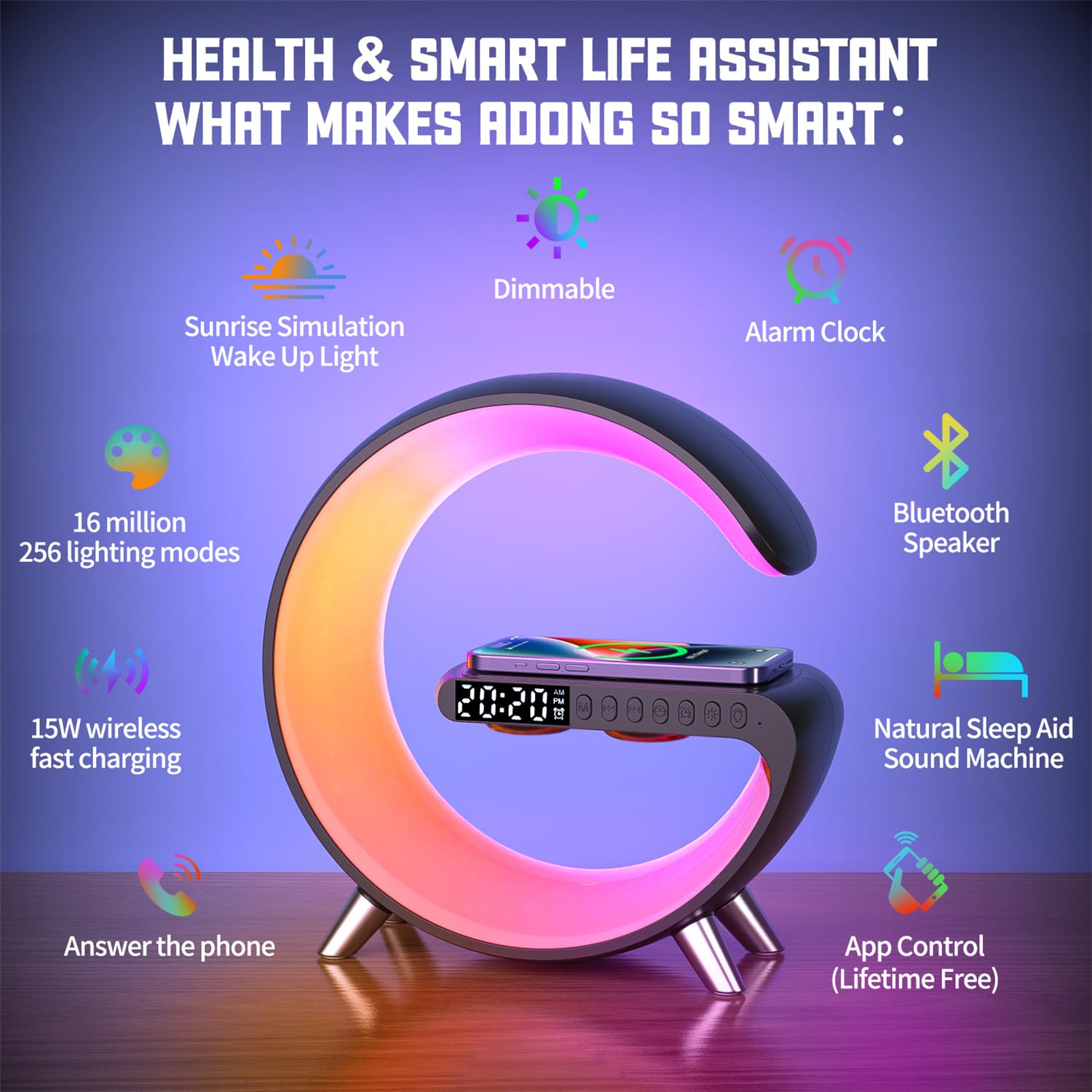 ALYNIC Smart Table Lamp sunrise alarm gently wakes you with warm sunrise glow.