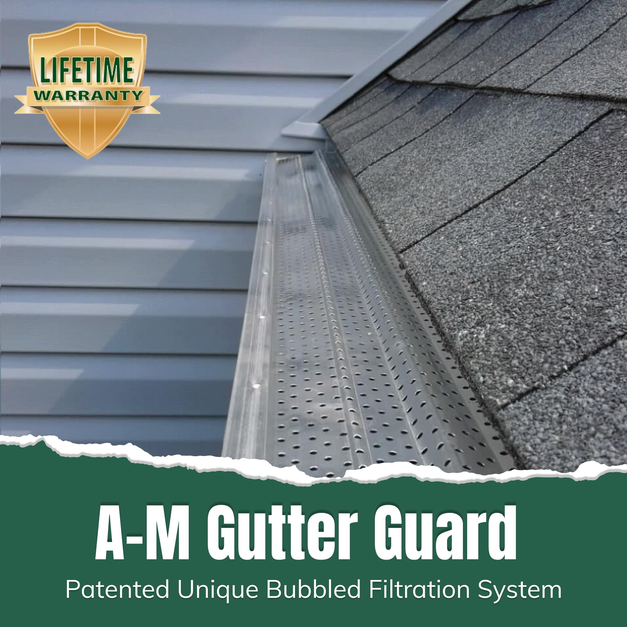 A-M Gutter Guard with lifetime warranty for rust protection.