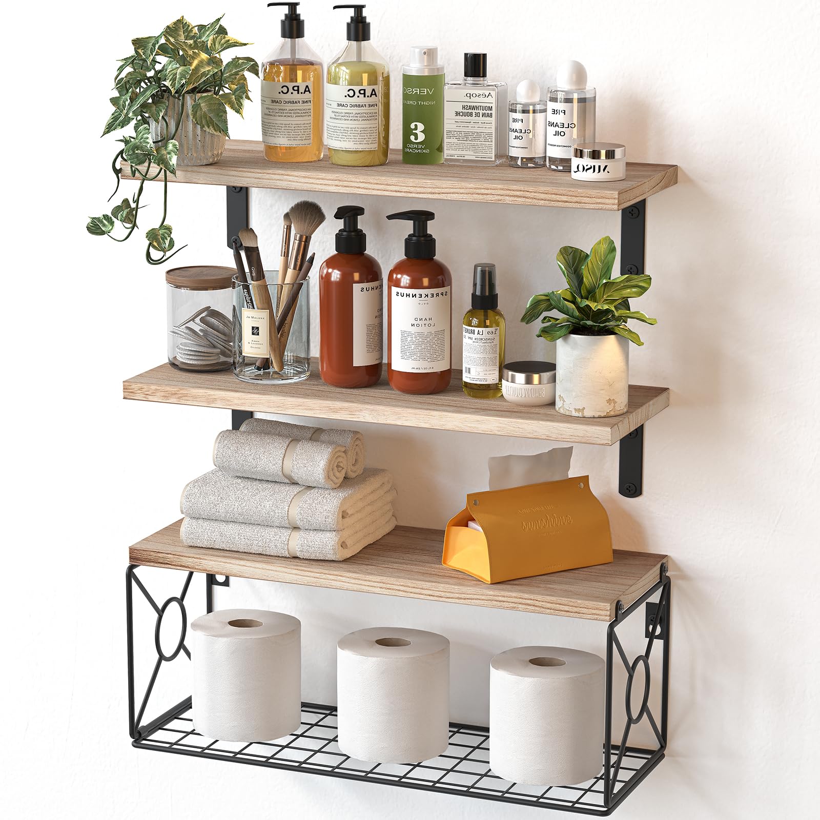 AMADA HOMEFURNISHING bathroom shelves wall-mounted display, sturdy paulownia wood for space-saving organization.