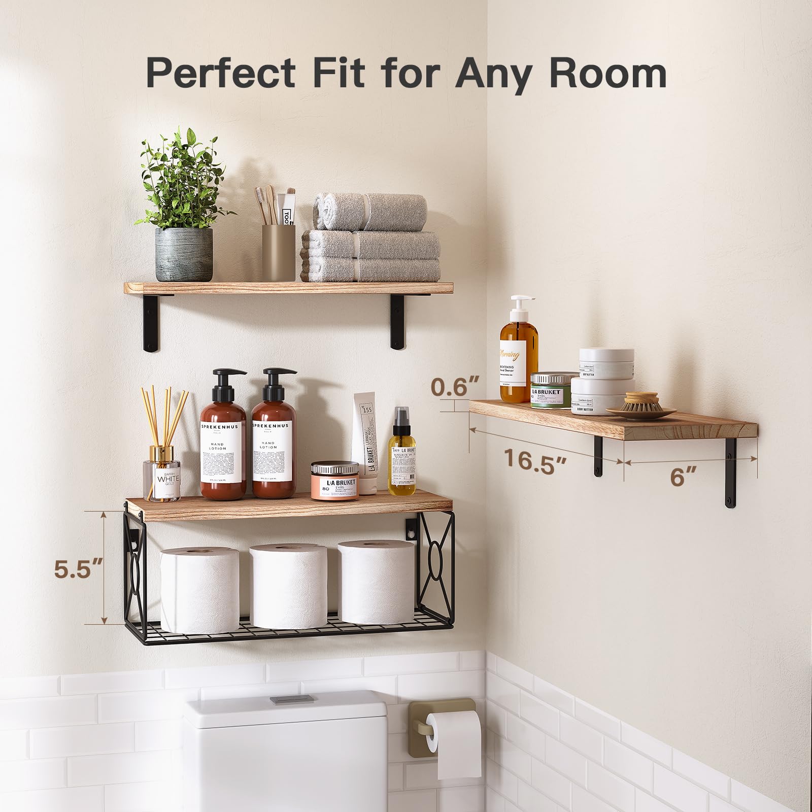 AMADA HOMEFURNISHING three-shelf set organized for towels and toiletries in a modern bathroom.