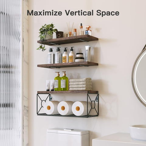 AMADA HomeFurnishing storage basket shelf keeps towels and toilet paper within reach.