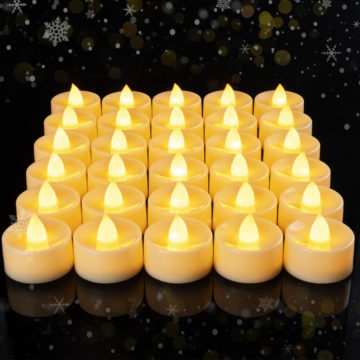 Amagic flameless tea light with warm white glow enhances elegant decor.