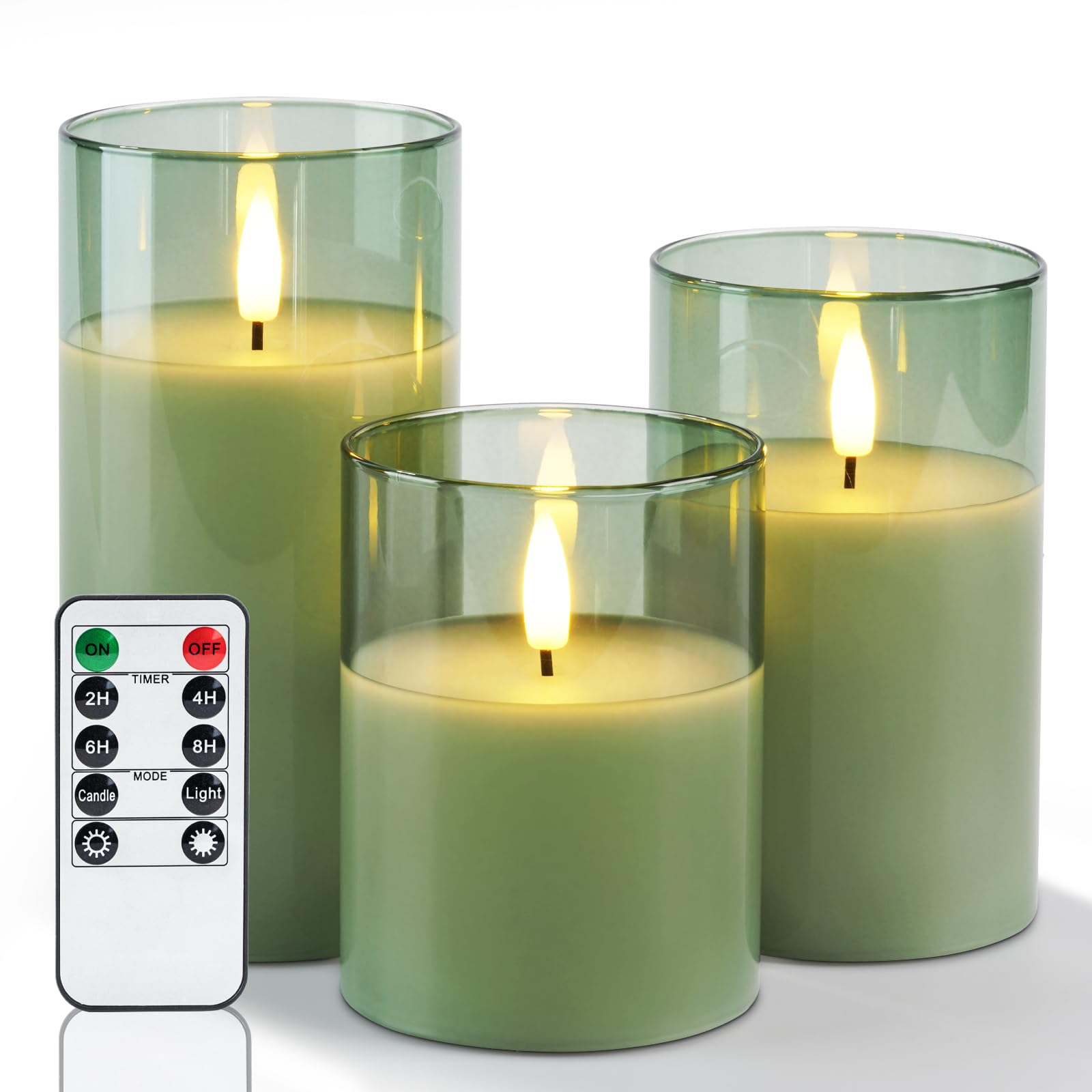 Amagic green glass flameless candle with remote for easy control and safe ambiance.