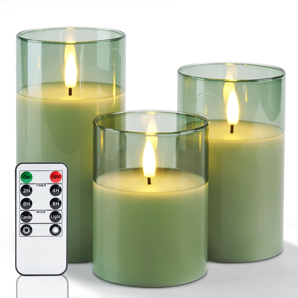 Amagic green glass flameless candle with remote for easy control and safe ambiance.