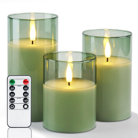 Amagic green glass flameless candle with remote for easy control and safe ambiance.