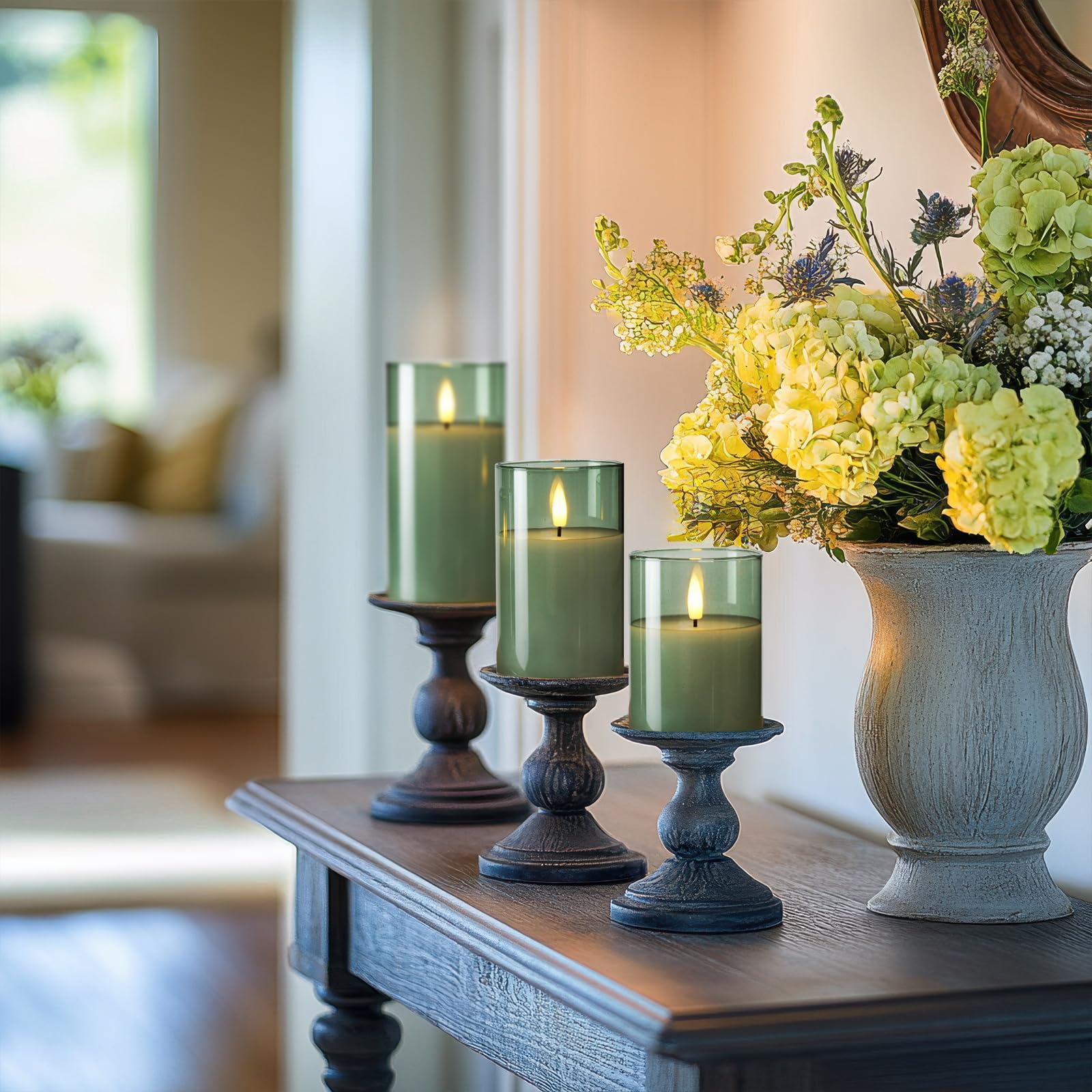 Amagic green glass candle ideal for St. Patrick's Day and Christmas table décor.