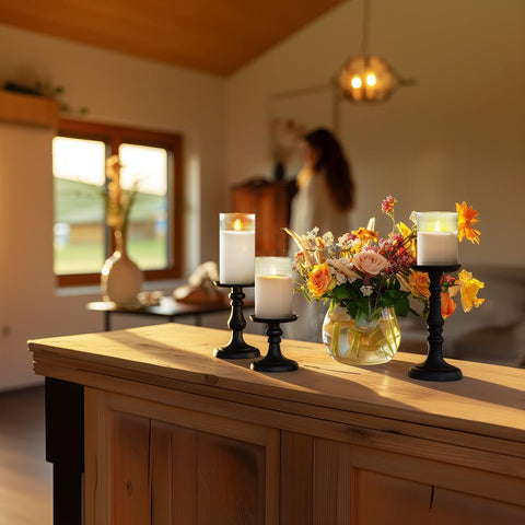 Amagic candles as dining table centerpiece for warm home decor.