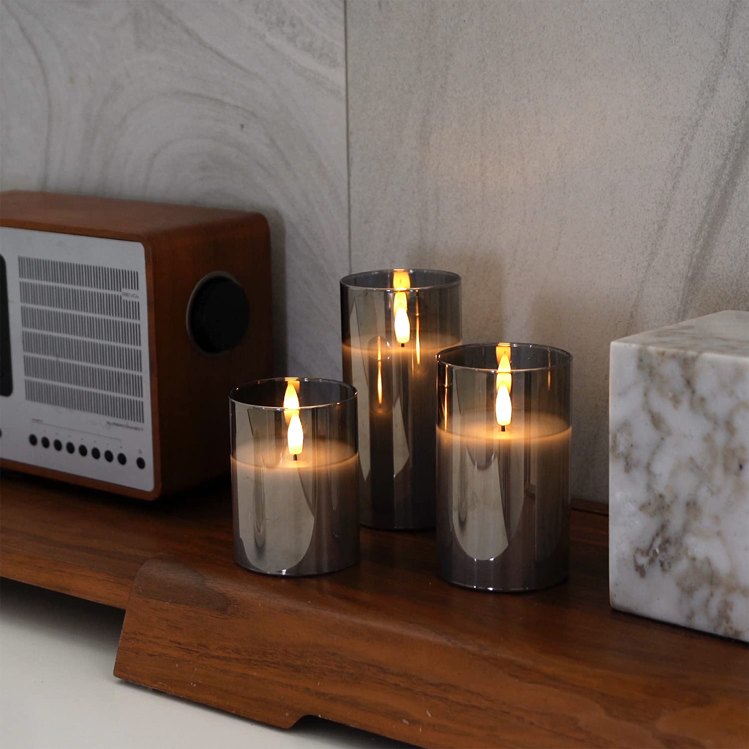 Amagic LED pillar candles 3-pack provide warm glow for tabletop Halloween decor