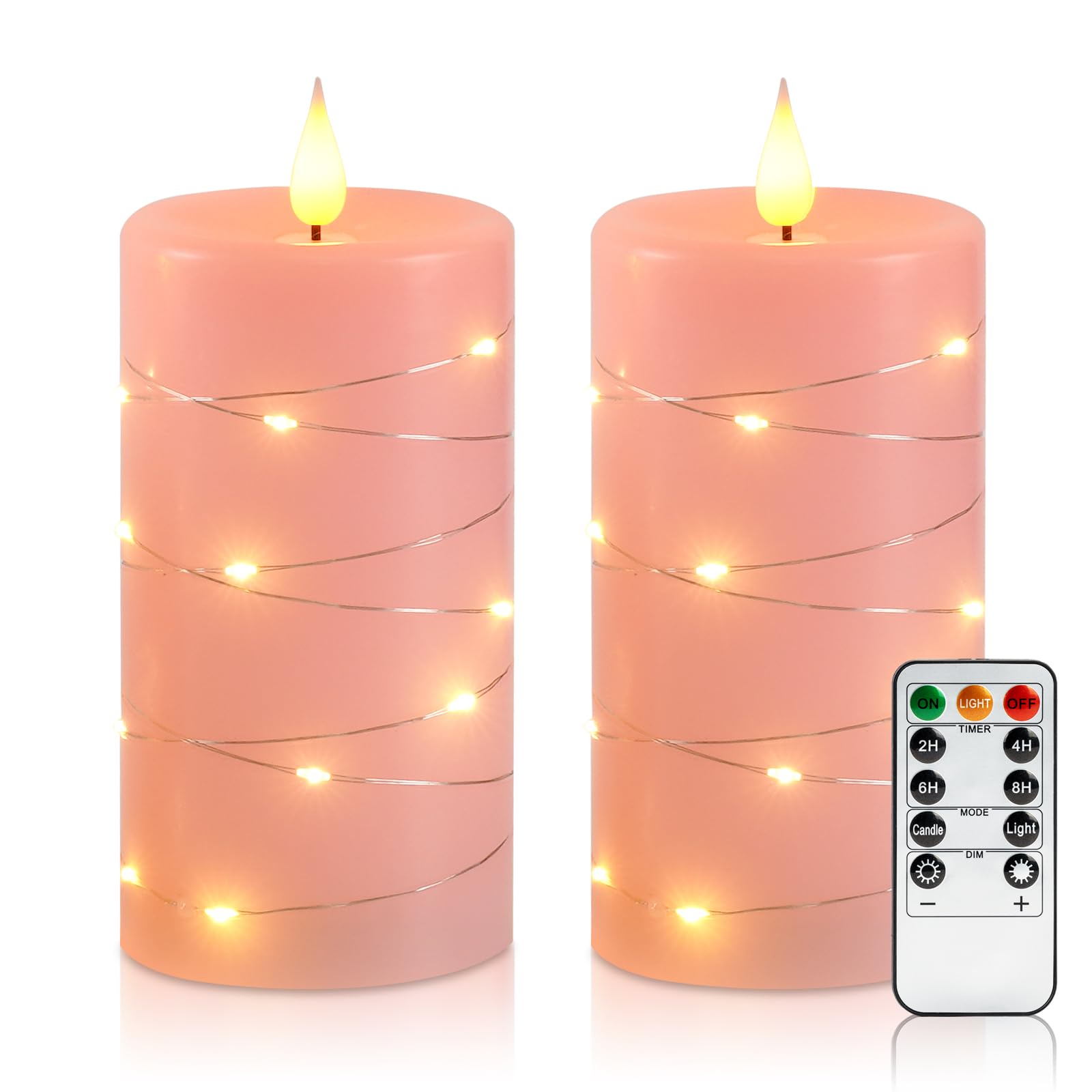 Amagic pink flameless candles with string lights for a cozy, romantic glow.
