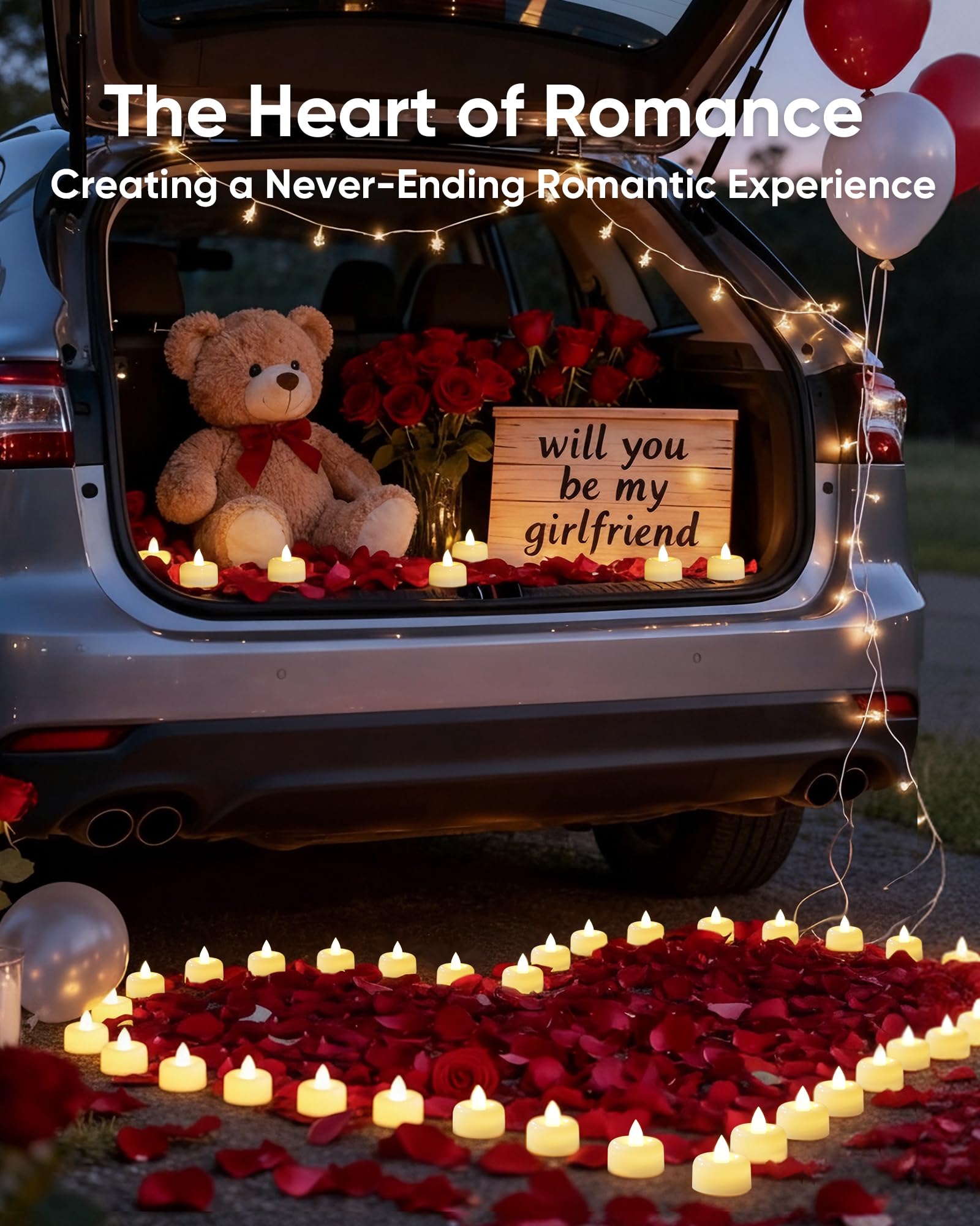 Amagic wedding tealights on tables create intimate, safe centerpiece lighting