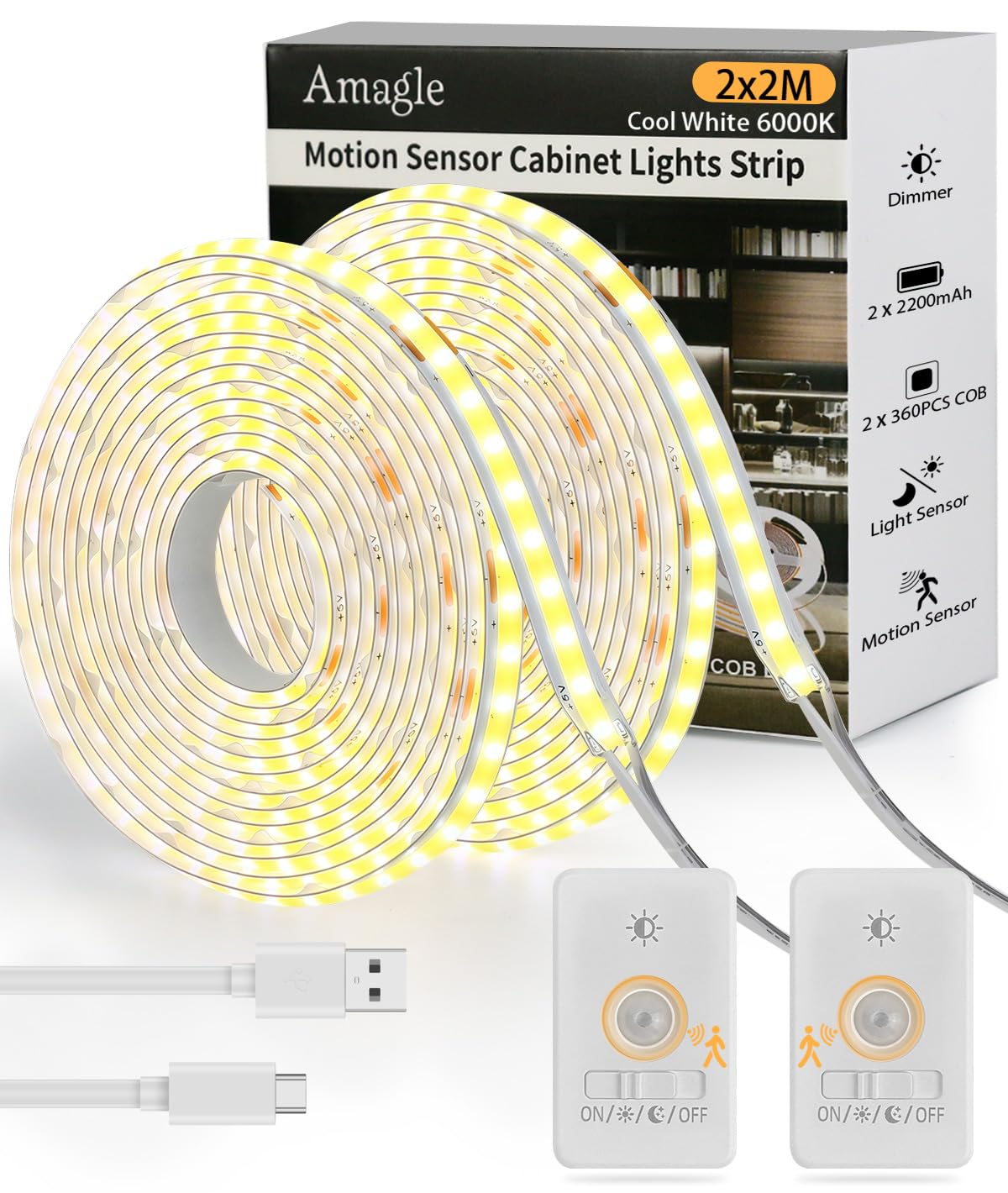 Amagle two-pack motion sensor COB LED strip lights brighten under-cabinet spaces