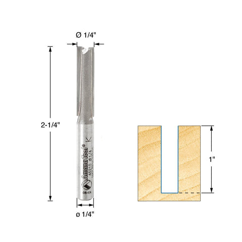 Amana Tool 45210 two-flute straight bit minimizes vibration for precise cuts.