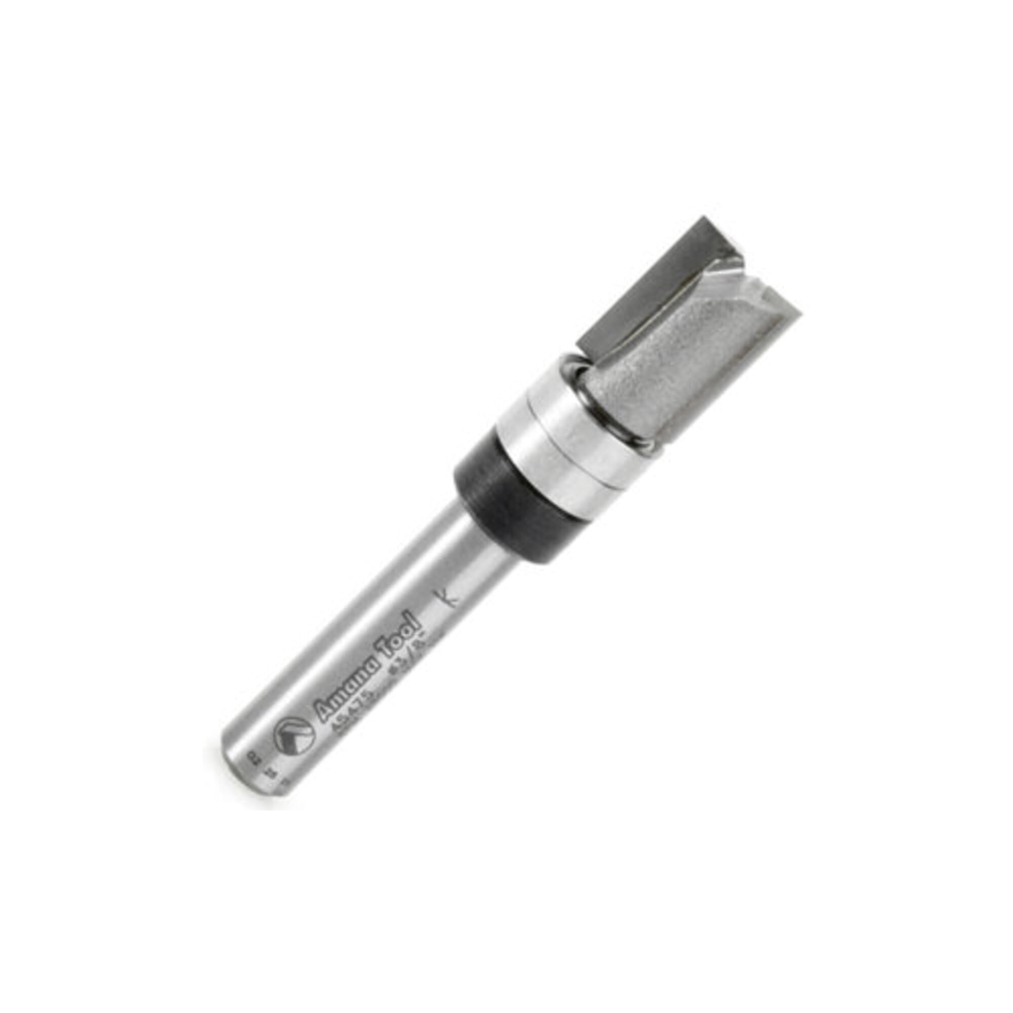 Amana Tool 45475 carbide tipped flush trim plunge bit guiding precise template routing.