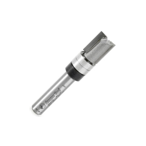 Amana Tool 45475 carbide tipped flush trim plunge bit guiding precise template routing.