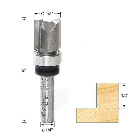 Amana Tool 45487 carbide tipped flush trim plunge template side view for precise edge routing.