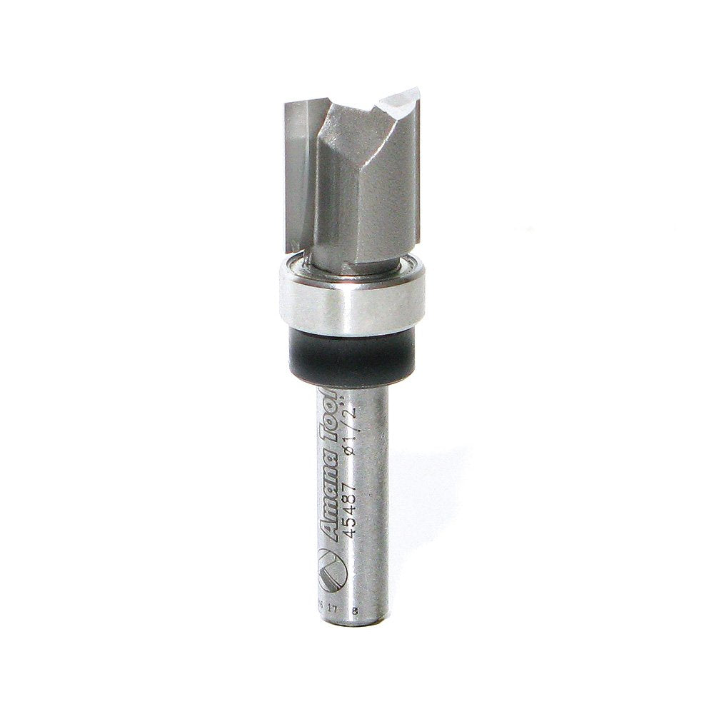 Amana Tool 45487 carbide tipped flush trim plunge template top view for precise pattern routing.