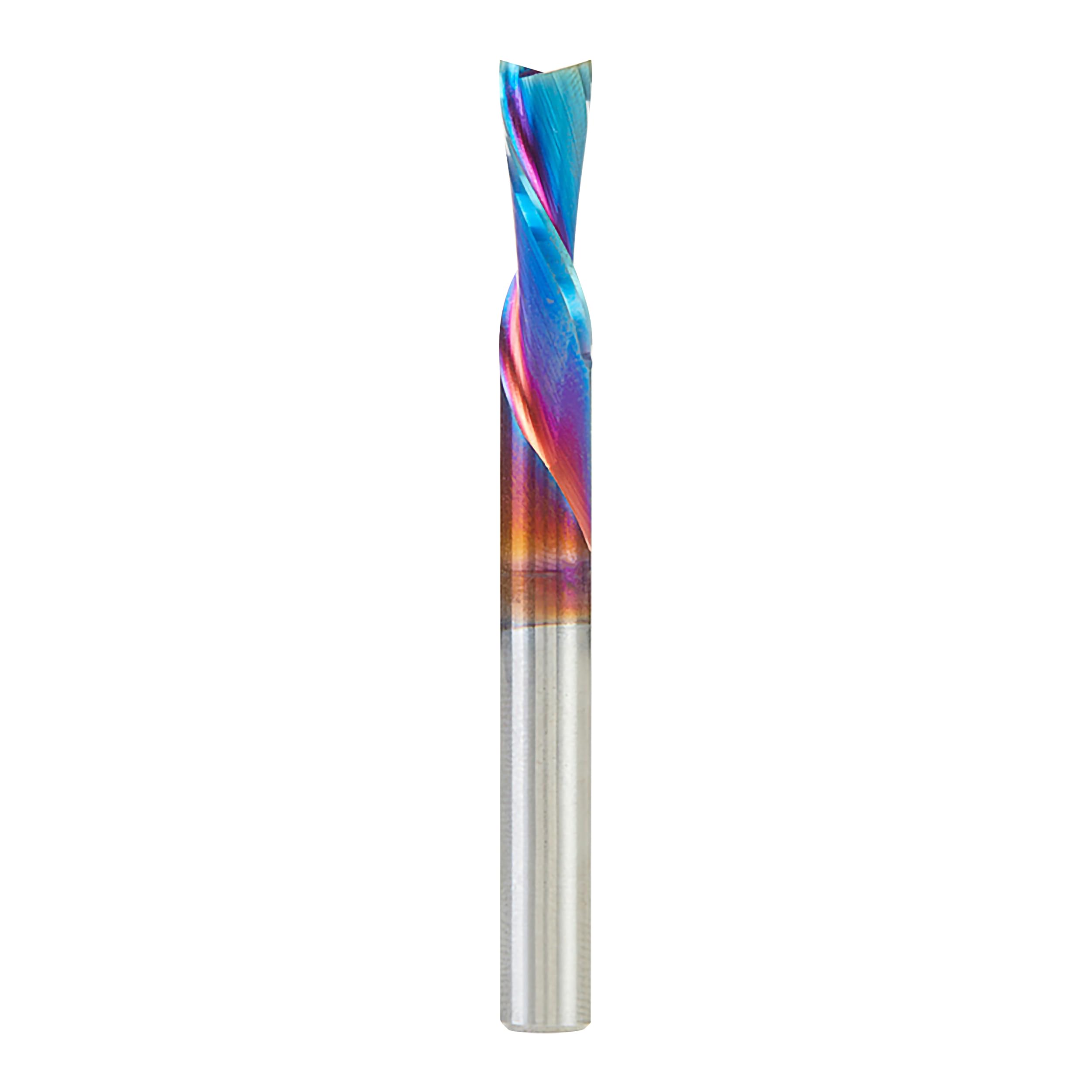 Amana Tool 46202-K spiral down-cut bit for clean 1/4 dia cuts in laminates.