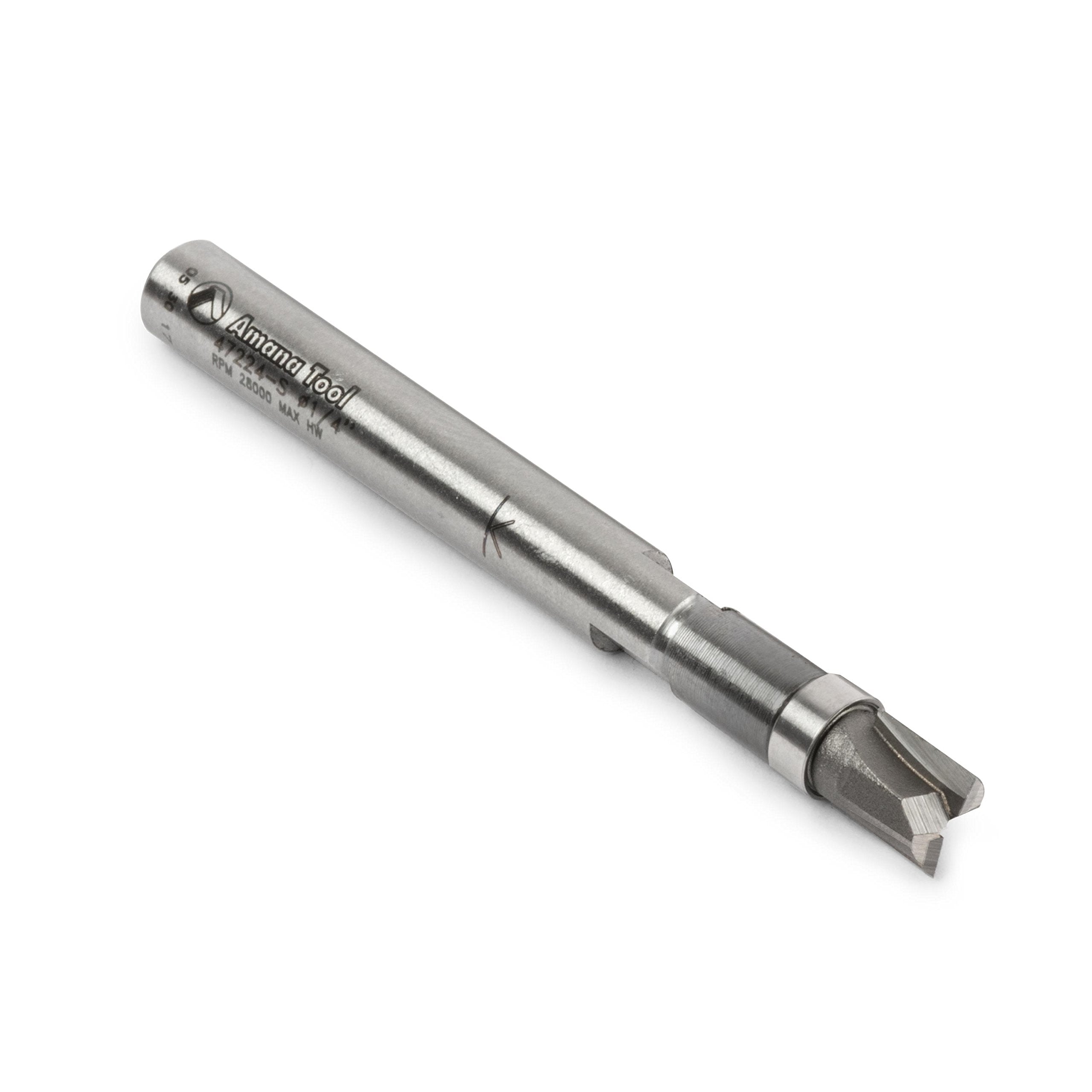 Amana Tool miniature flush-trim plunge bit with 1/4 dia shank for precise template routing.
