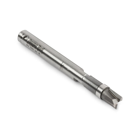 Amana Tool miniature flush-trim plunge bit with 1/4 dia shank for precise template routing.