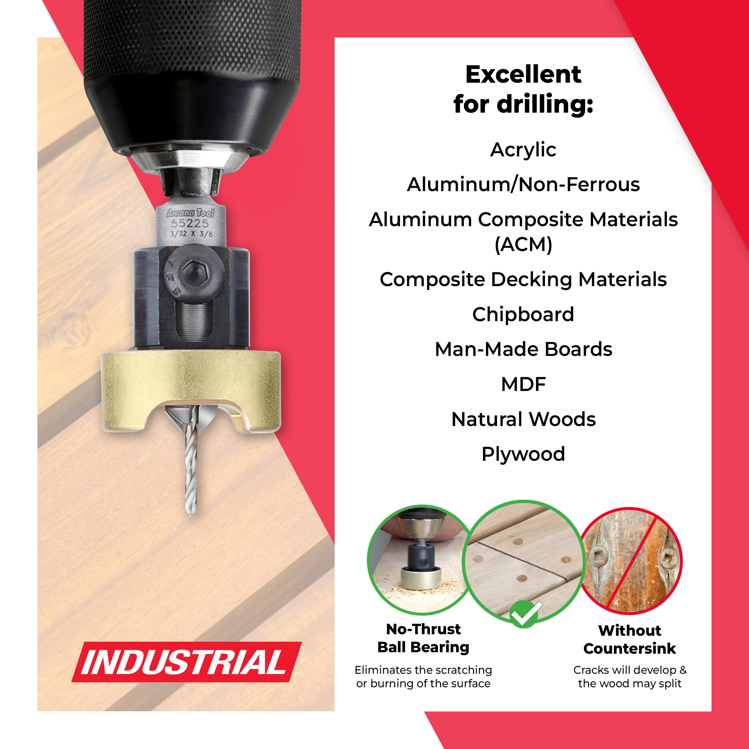 Amana Tool no-thrust ball bearing prevents drift for smooth, surface-friendly countersinking.