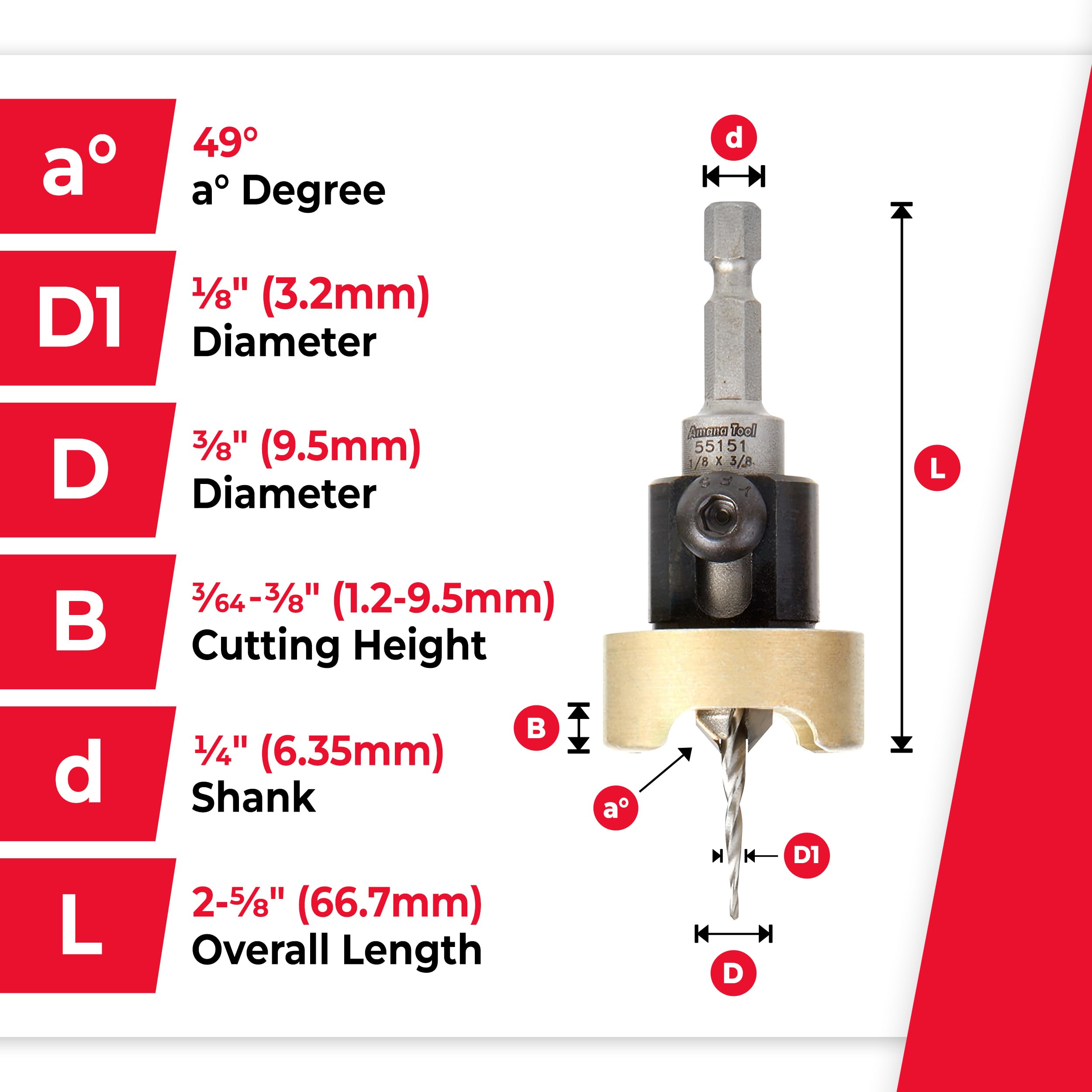 Amana Tool quick-release hex shank at 3/8 inch diameter enables fast bit changes.