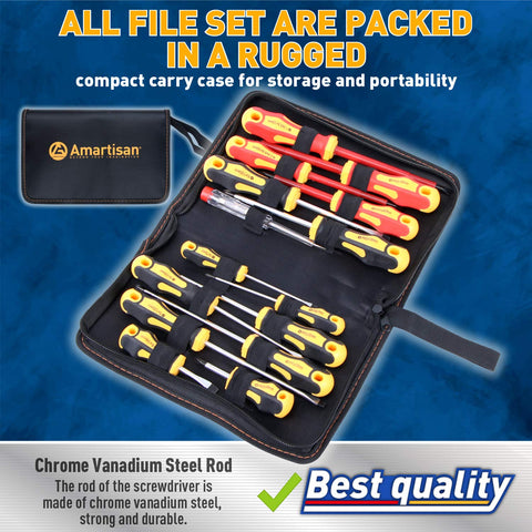 Amartisan 1000V insulated screwdrivers with magnetic tips for safe electrical work.