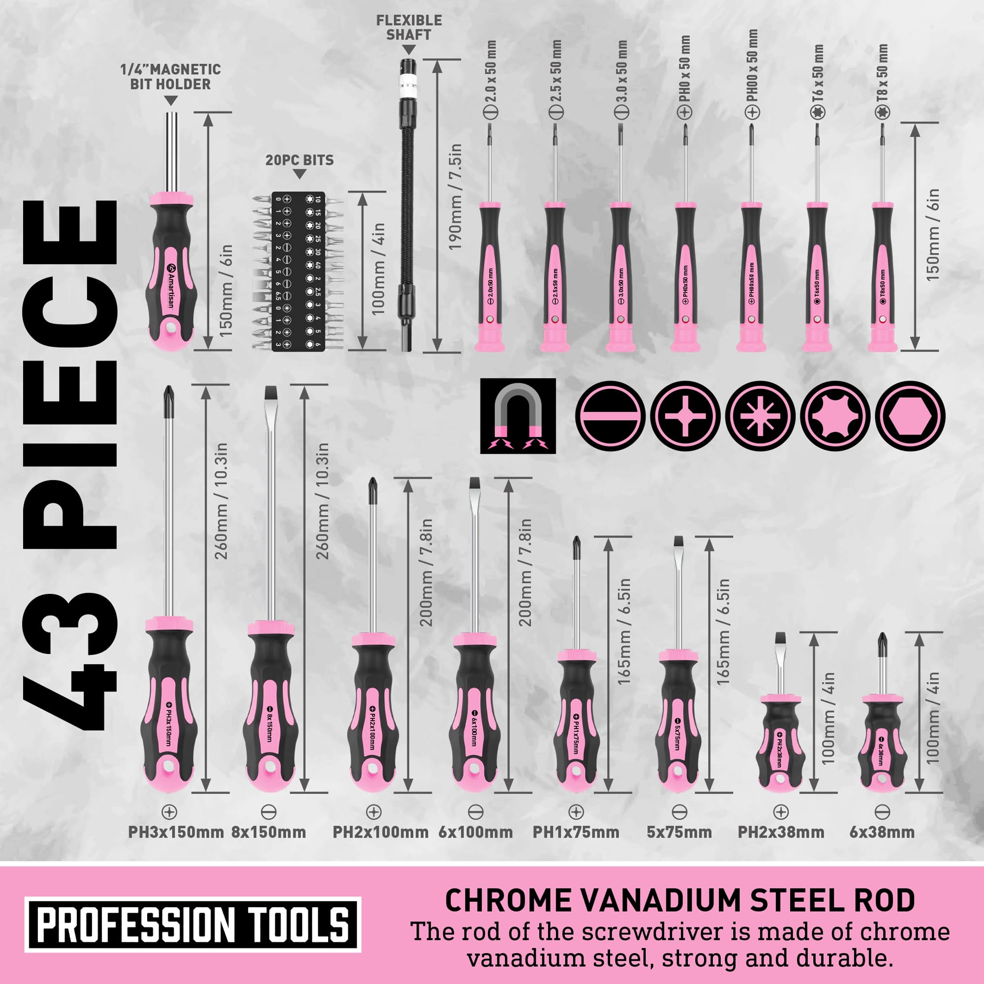 Amartisan 25-bit collection includes Phillips, Slotted, Torx, Hex, and Pozidriv.