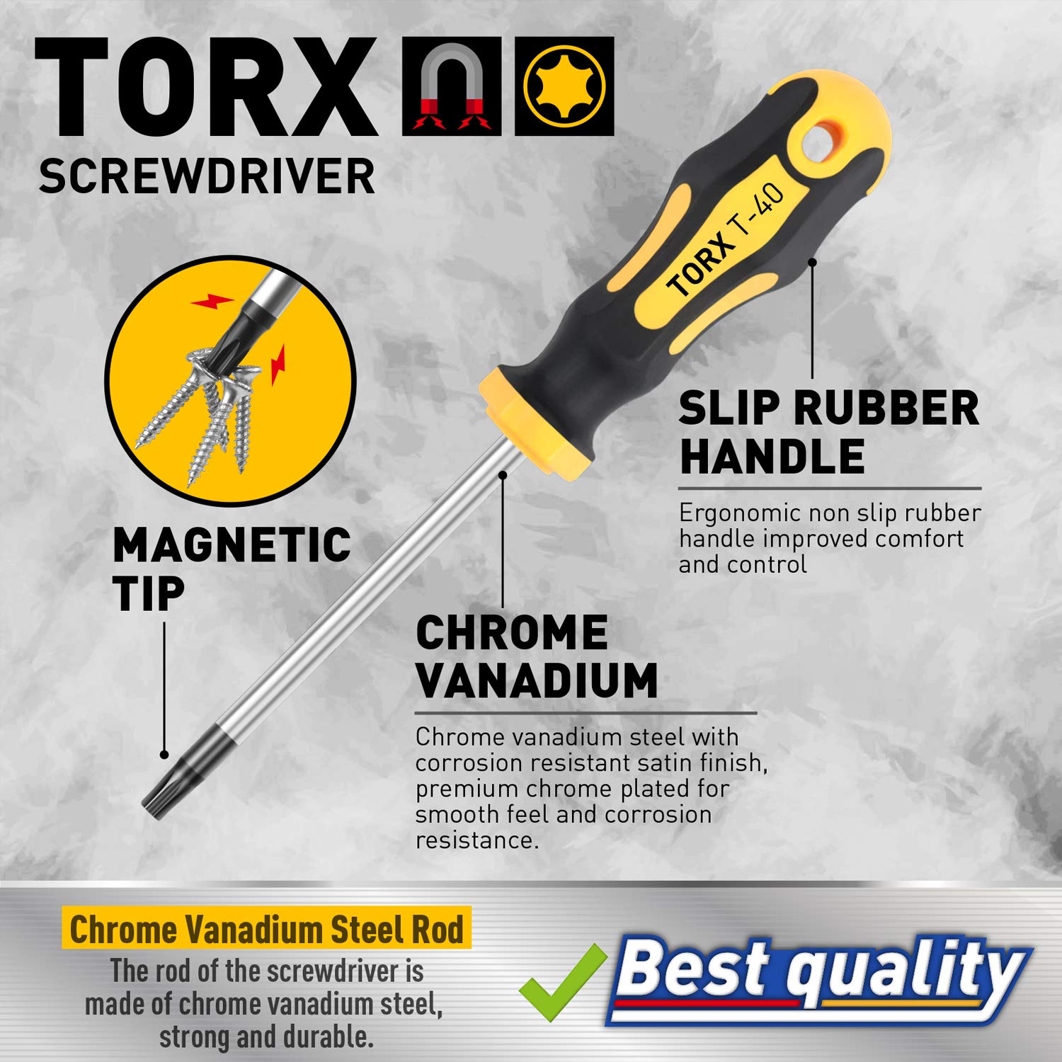 Amartisan chrome-vanadium steel blades delivering durability for Torx work.