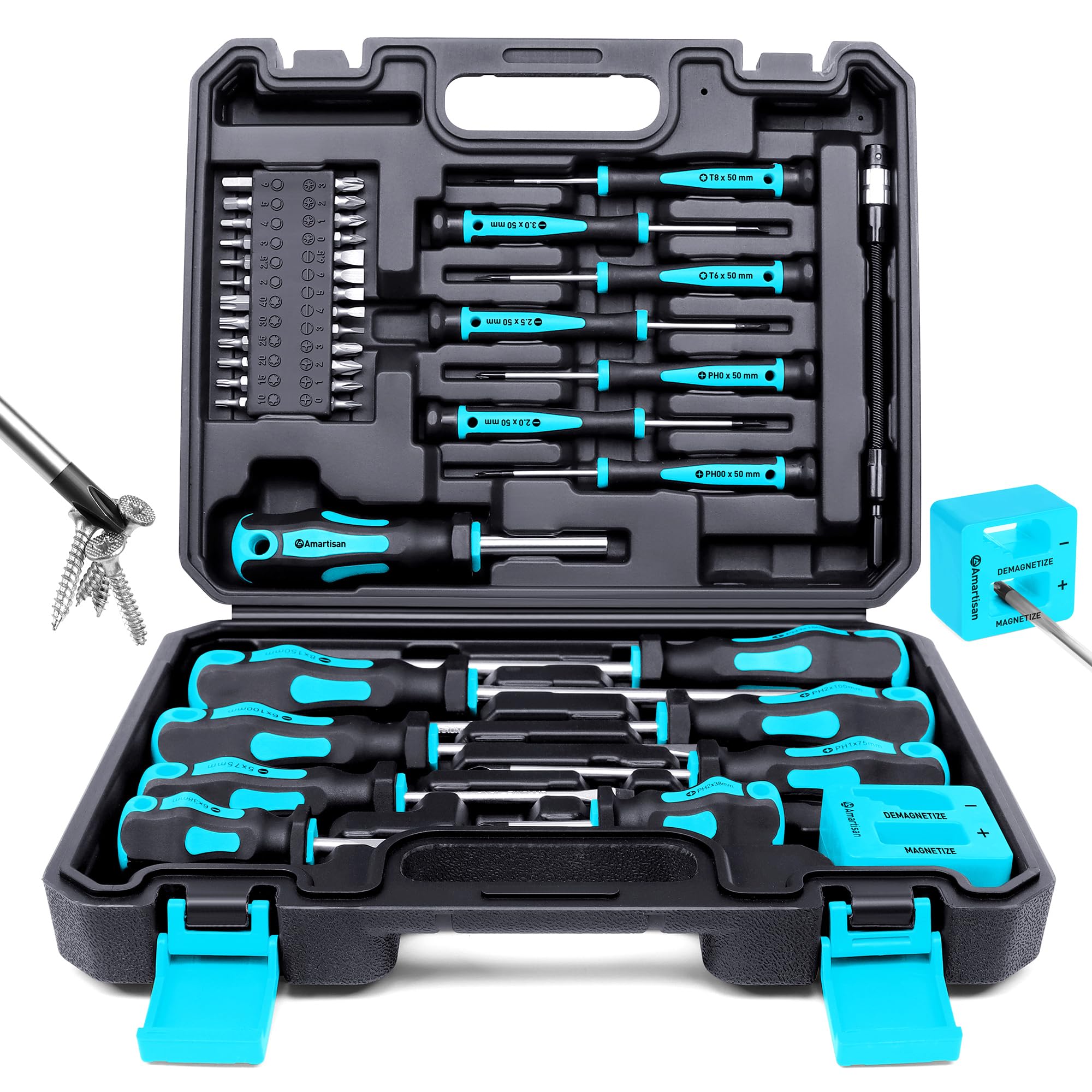 Amartisan magnetic screwdriver set in its case for easy storage.