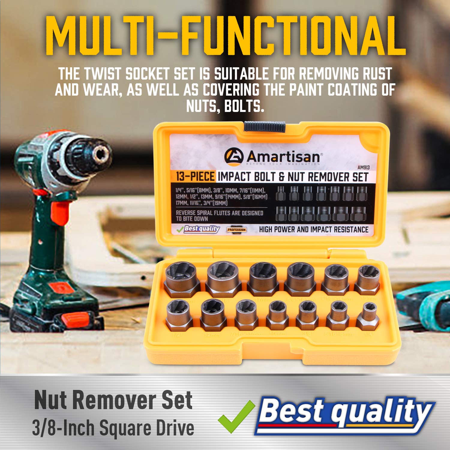 Amartisan kit showing metric and SAE size range for broad bolt compatibility.