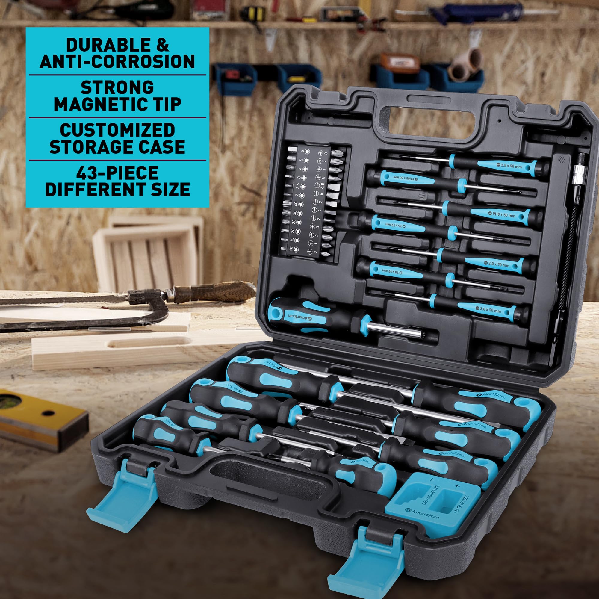 Amartisan 25 screwdriver bits for slotted, Phillips, Pozidriv, Torx, and hex sizes.