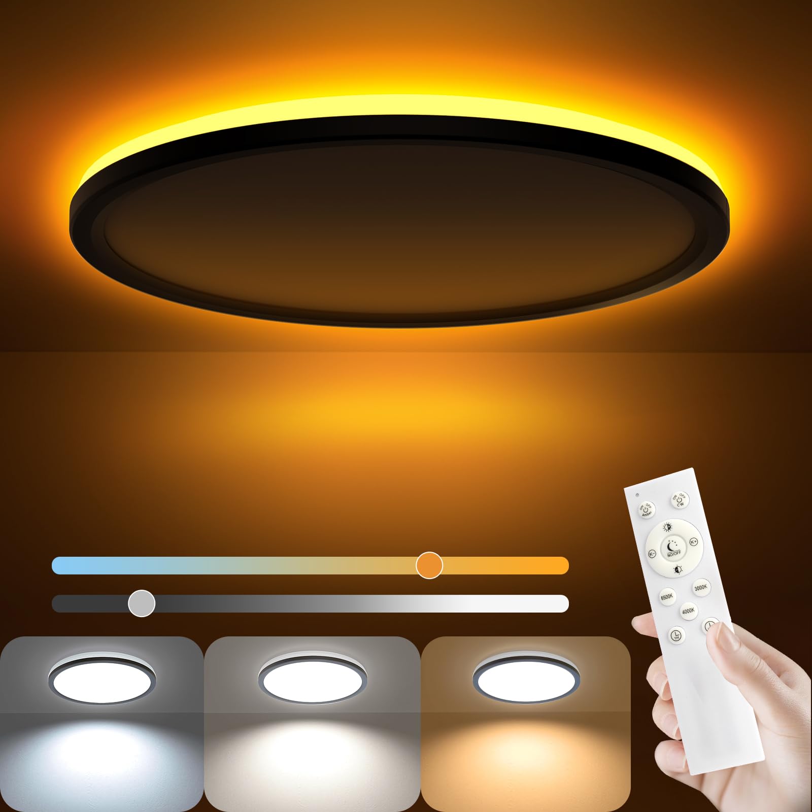 AmazeFan 12-Inch LED flush mount light, front view, slim profile enhances low ceilings
