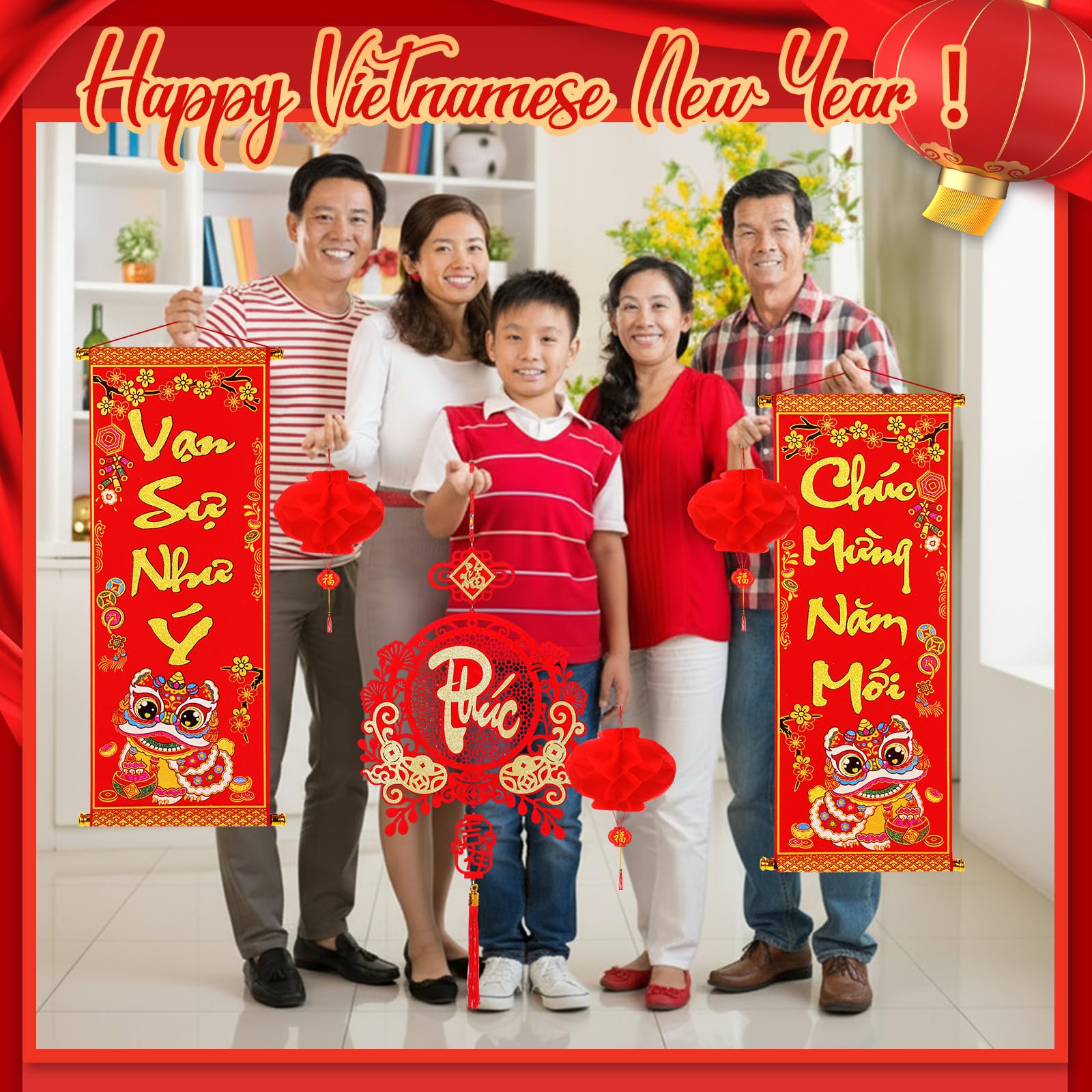AmazingSpark Tet doorway decor setup showcases a cohesive red and gold Tet display.
