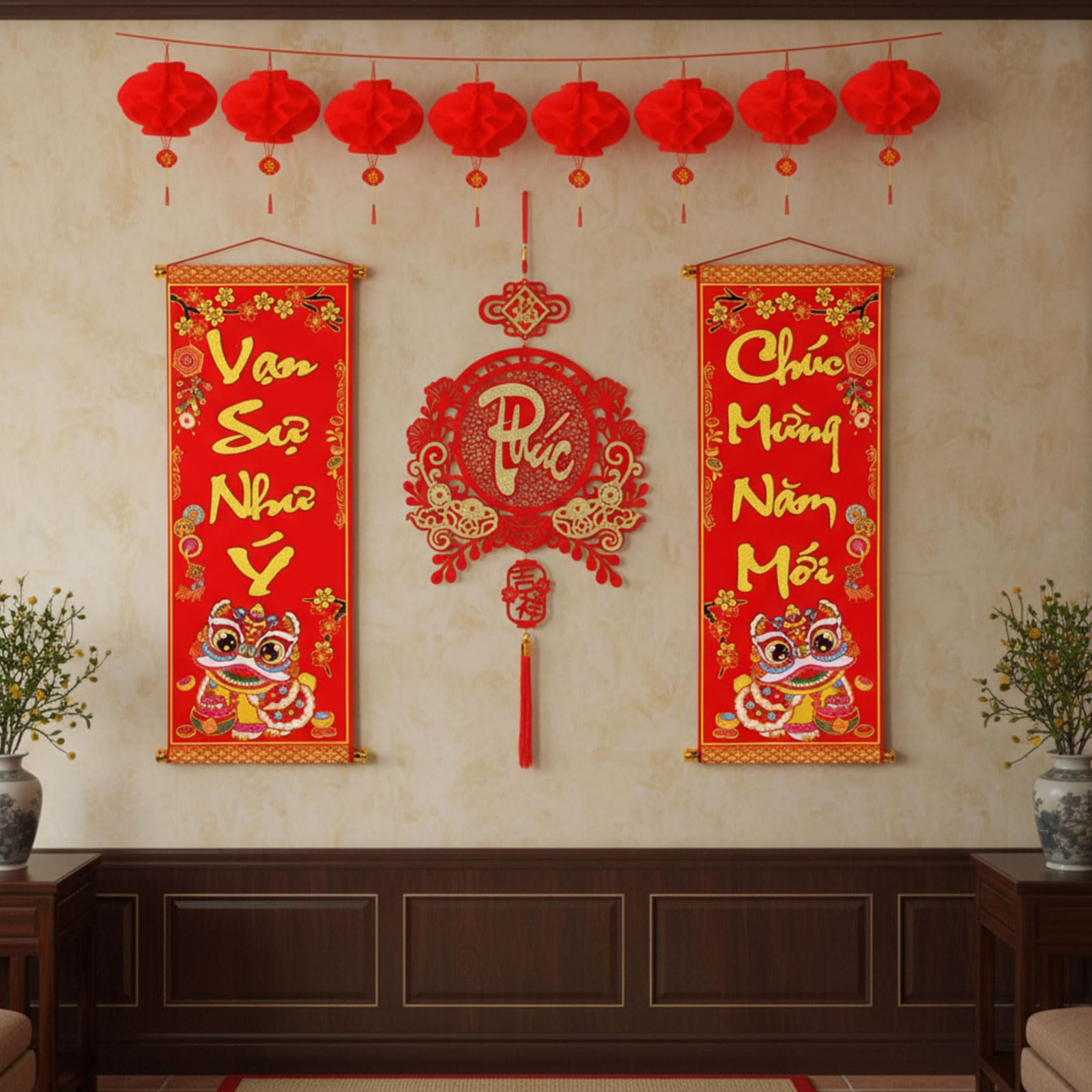 AmazingSpark Tet wall decor close-up highlights durable flocking cloth and vivid print.