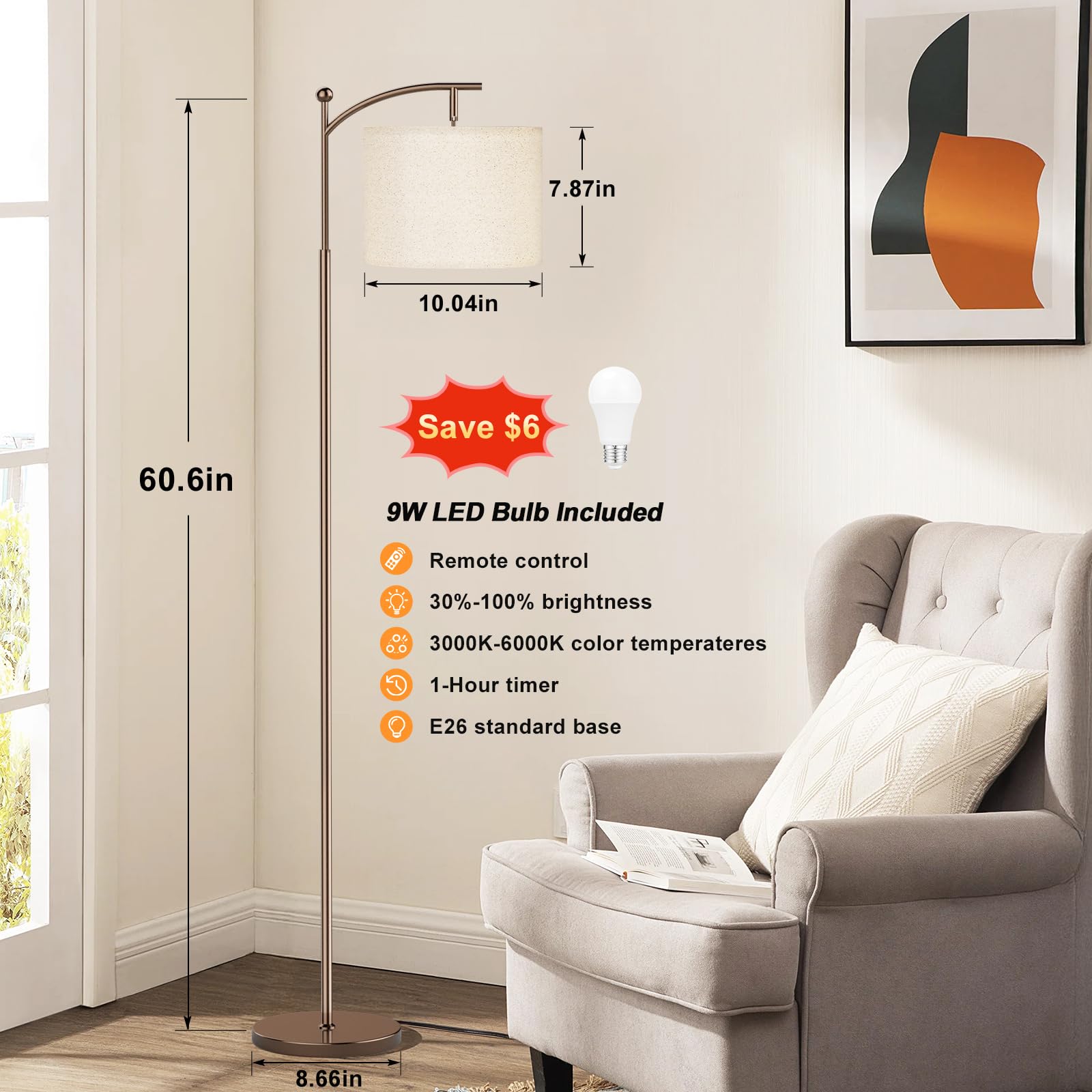 Ambimall 60-inch floor lamp arc head tilt for directed reading light.