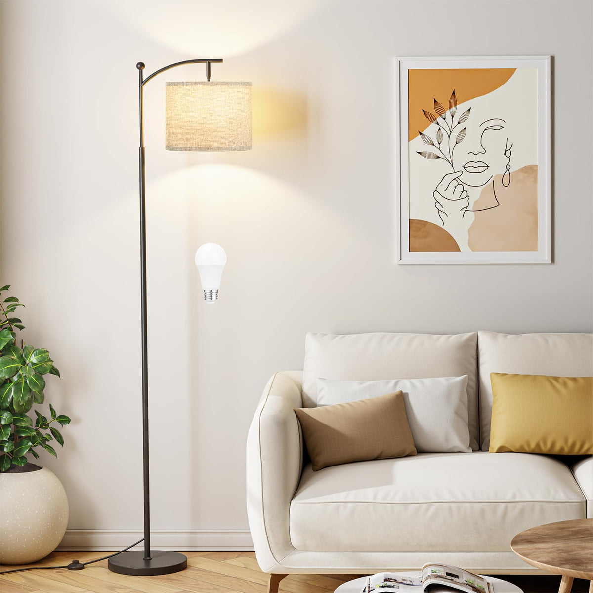Ambimall 60-inch floor lamp with grey shade and black pole lights a modern living room.