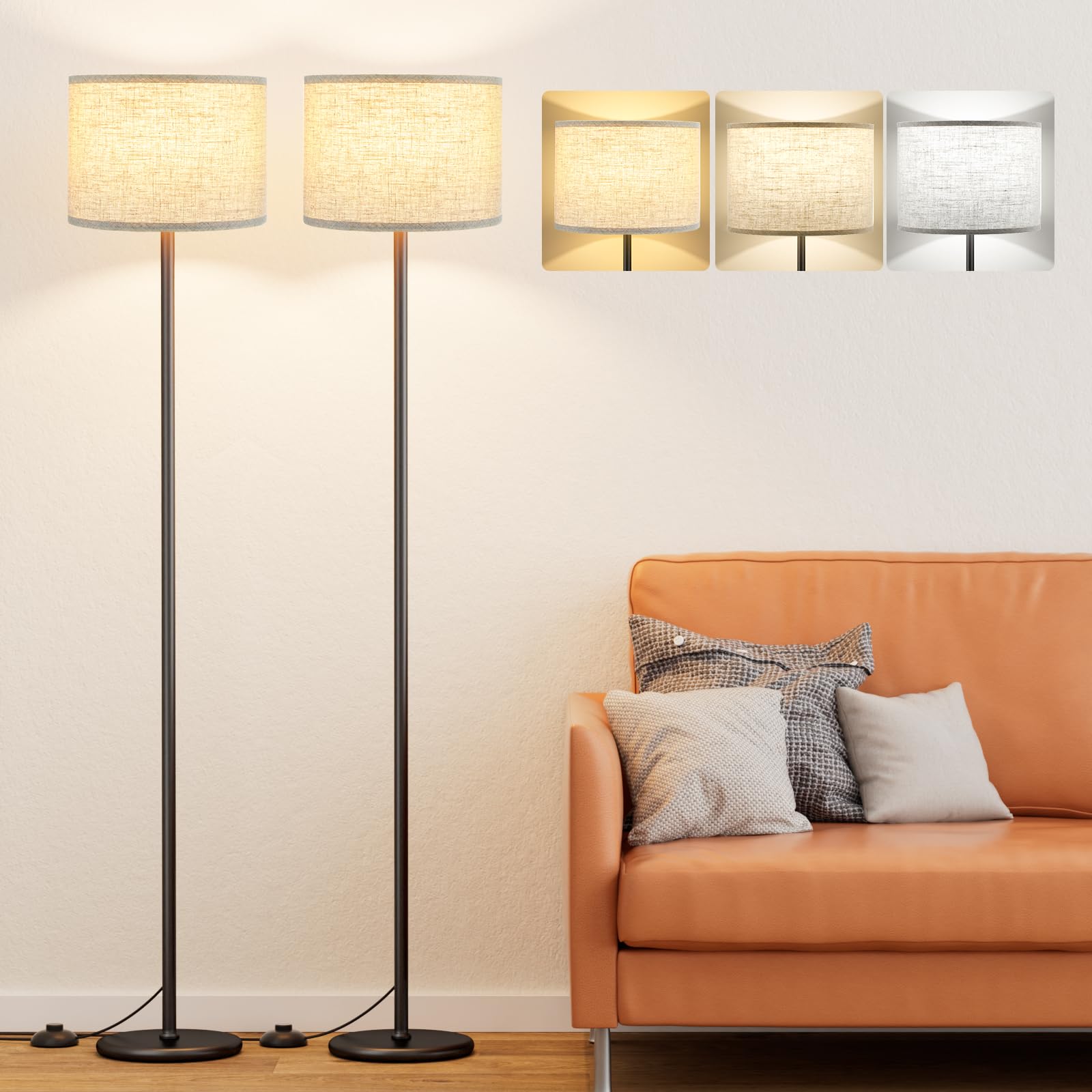 Ambimall 60-inch floor lamp pair with beige shade and black pole for living room ambiance