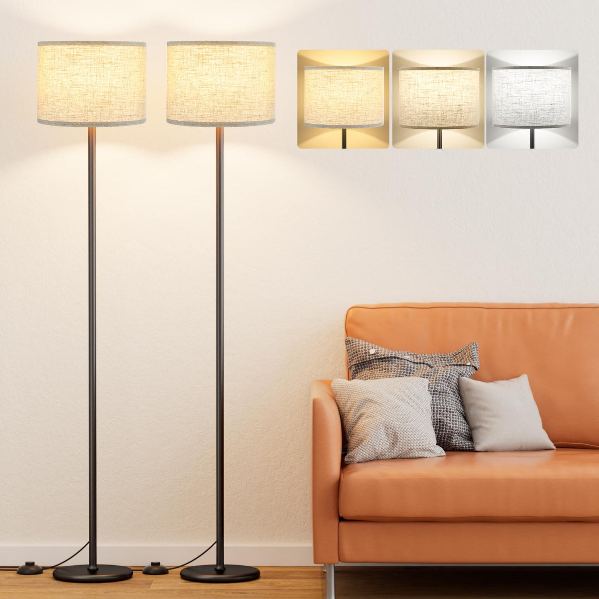 Ambimall 60-inch floor lamp pair with beige shade and black pole for living room ambiance