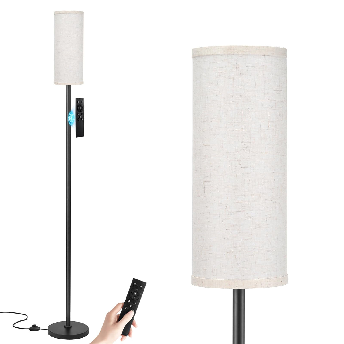 Ambimall 64'' floor lamp with beige shade and black pole enhances living room ambiance.