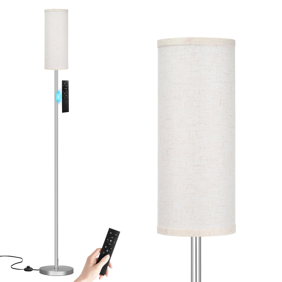 Ambimall 64-inch floor lamp with beige shade and silver pole for ambient living room lighting