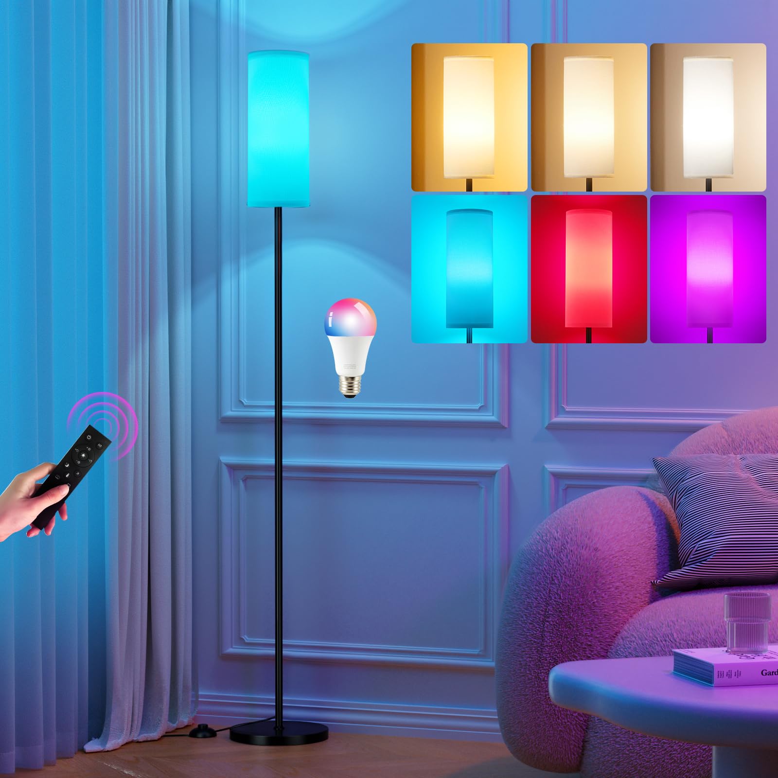 Ambimall 64-inch floor lamp with white shade and black pole, remote for easy lighting