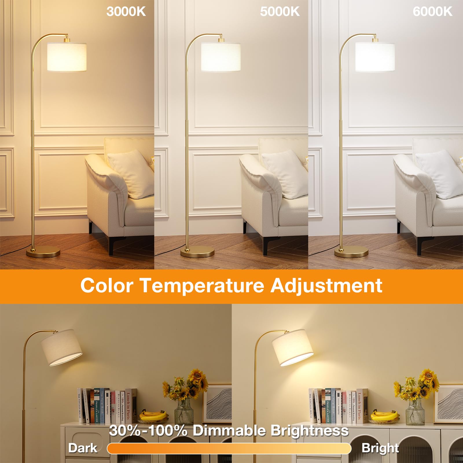 Ambimall Arc floor lamp offers 3 color temperatures for ambience.