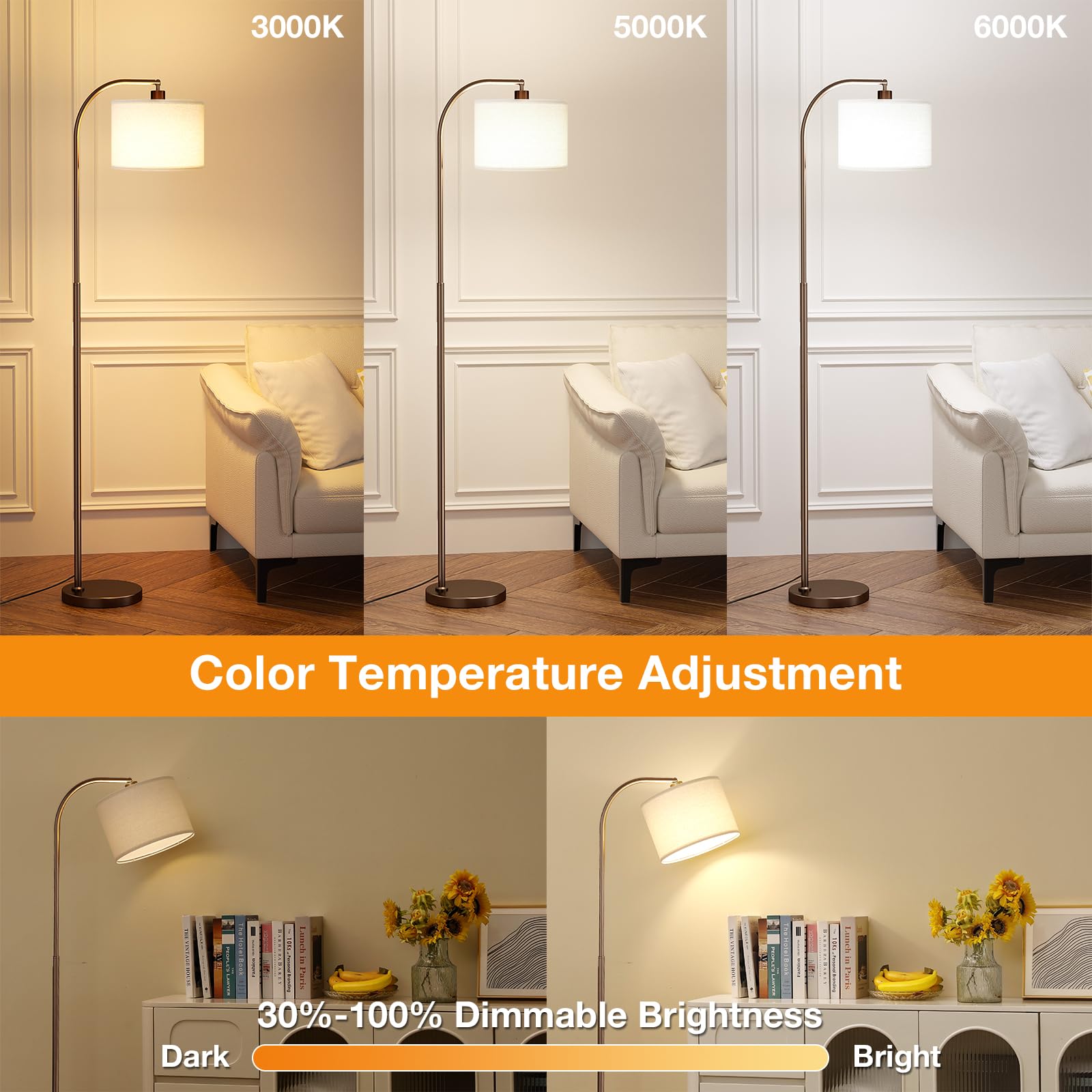 Ambimall Arc lamp showing 3000K–6000K color temperatures for versatile ambiance.