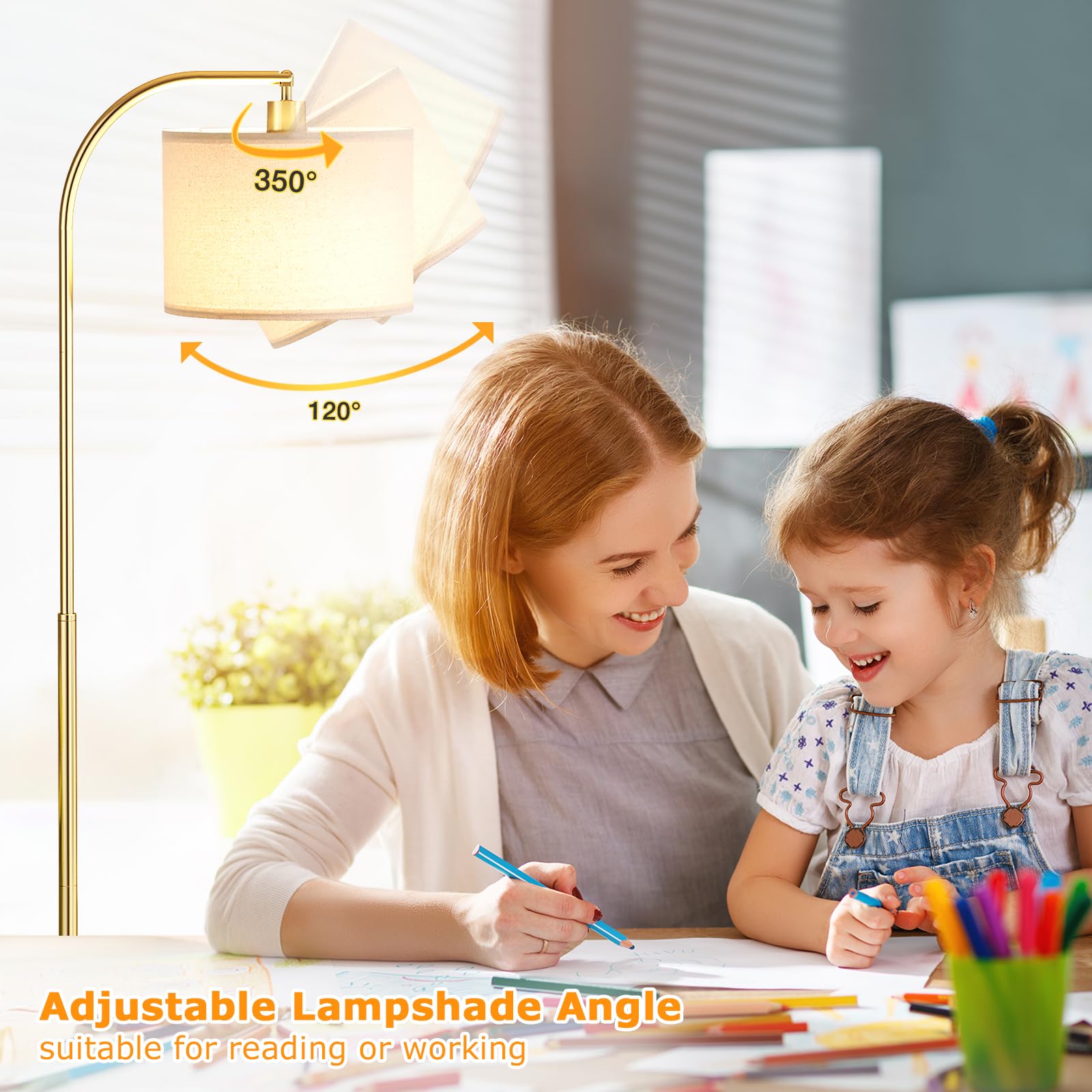 Ambimall Arc lamp with deep beige shade and gold pole.