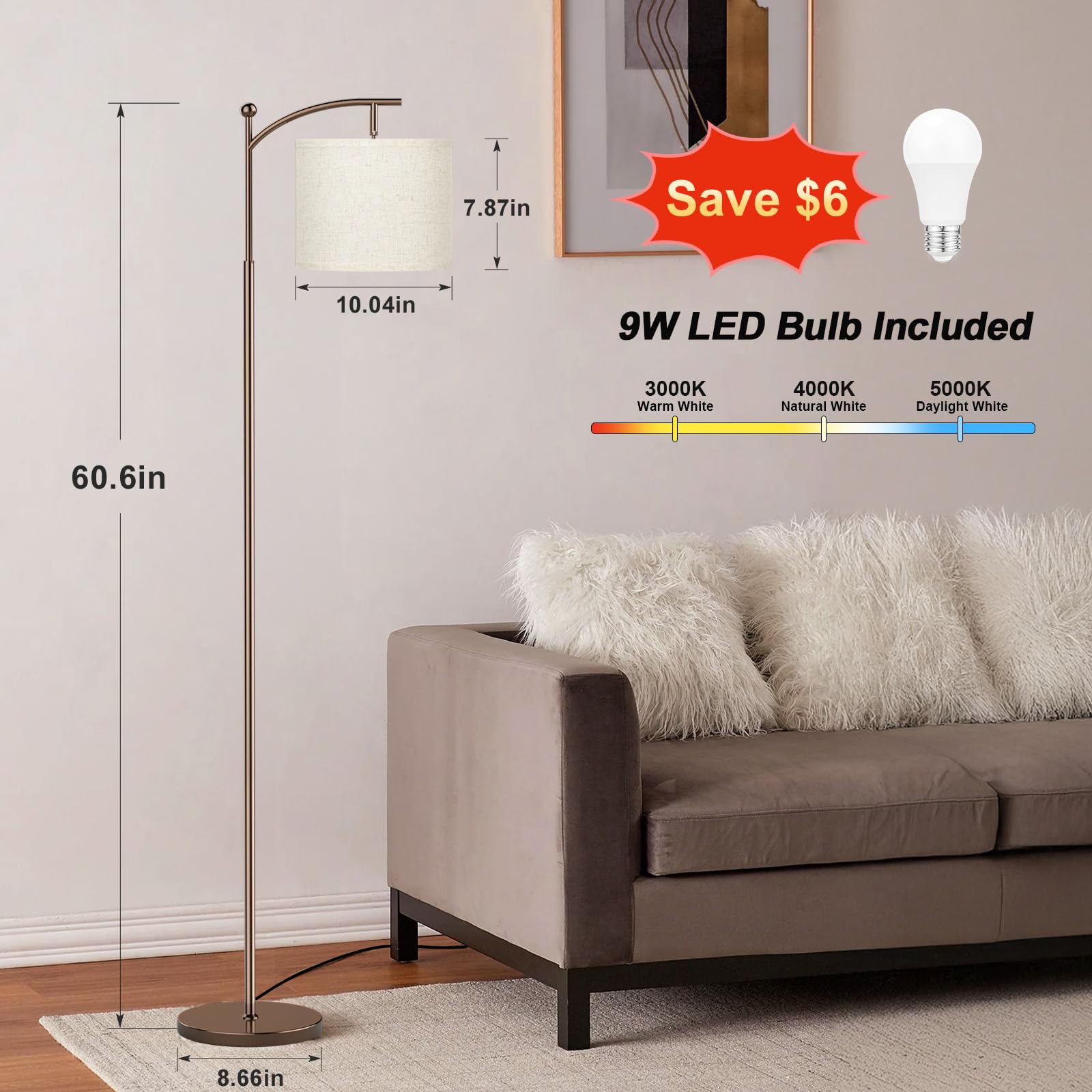 Ambimall arc floor lamp featuring a rotating head for precise illumination beside seating.