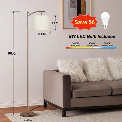 Ambimall arc floor lamp featuring a rotating head for precise illumination beside seating.