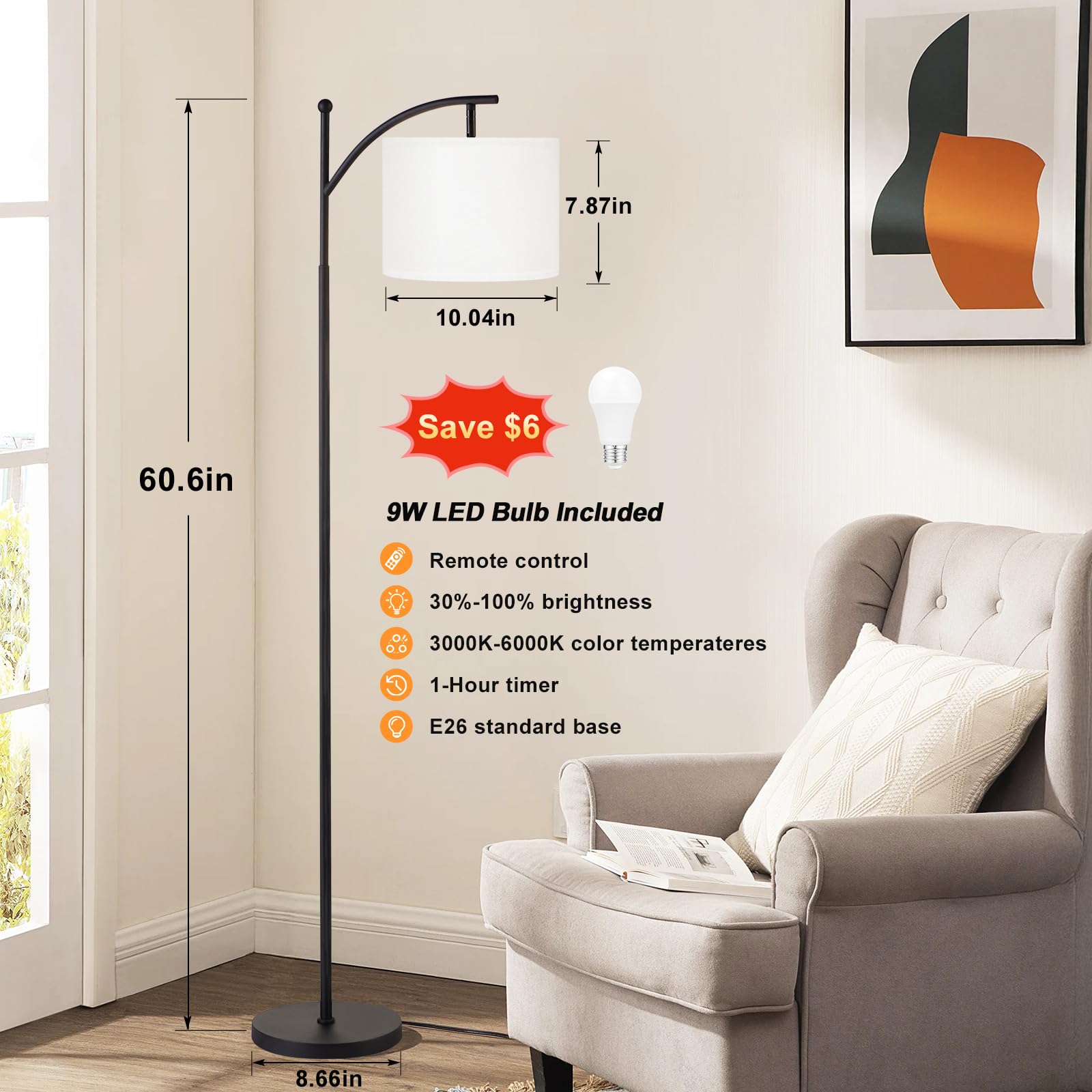 Ambimall arc floor lamp with rotating shade for flexible lighting angles.